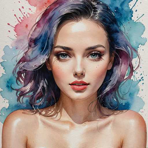 This image is a detailed painting of a young woman, likely in her late teens or early twenties. The artwork is square-shaped, and the subject is depicted from the shoulders up. She has fair skin, and her most striking features are her large, bright blue eyes, which are framed by long eyelashes. Her lips are painted a vivid red, and her mouth is slightly open, revealing her top teeth. She has a small, delicate nose and a slight chin dimple. Her hair is a mix of colors, including shades of blue, purple, and black, with some strands appearing almost gray. It is styled in a wavy, shoulder-length fashion, with some strands falling over her shoulders and others behind her back. The background of the painting is a blend of white and blue, with splashes of pink and purple, creating a dynamic and vibrant setting that complements the subject. The overall style of the painting is realistic, capturing the fine details and textures of the woman's skin and hair.