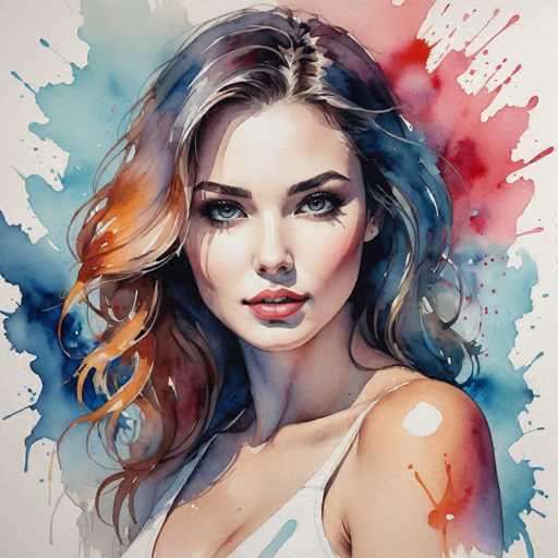 This image is a detailed watercolor painting of a young woman, likely in her early 20s, with long, wavy hair that cascades past her shoulders. Her hair is a blend of dark brown, light brown, and hints of blonde, with subtle streaks of red and blue. She has striking blue eyes and is wearing red lipstick. The woman is dressed in a white tank top, and the painting captures her from the chest up, with her head slightly tilted to the right. The background is a vibrant mix of blue, red, and white splotches, creating a dynamic and colorful backdrop that contrasts with her serene expression. The overall composition is square, with the woman's face centrally positioned, making her the focal point of the artwork.