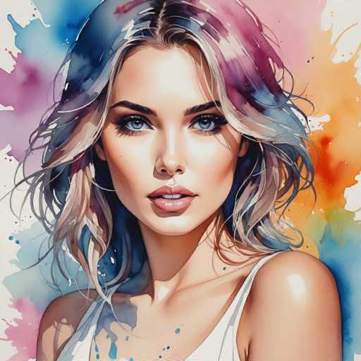This image is a detailed, computer-generated illustration of a young woman, likely in her late teens or early 20s. The artwork is square-shaped and features the subject from the chest up. She has a fair complexion with a slight tan, and her striking blue eyes are accentuated by long eyelashes. Her lips are full and pink, and she is slightly smiling, revealing her top teeth. Her hair is a blend of blonde and brown, with subtle highlights of blue and purple, styled in a wavy, shoulder-length cut. She is wearing a white tank top, which is splattered with blue and pink paint, adding a dynamic and artistic touch to the clothing. The background is a vibrant mix of colors, including shades of blue, pink, orange, and white, with splashes of paint that complement the subject's attire. The overall style of the illustration is highly detailed and realistic, capturing the essence of the young woman with a modern and artistic flair.