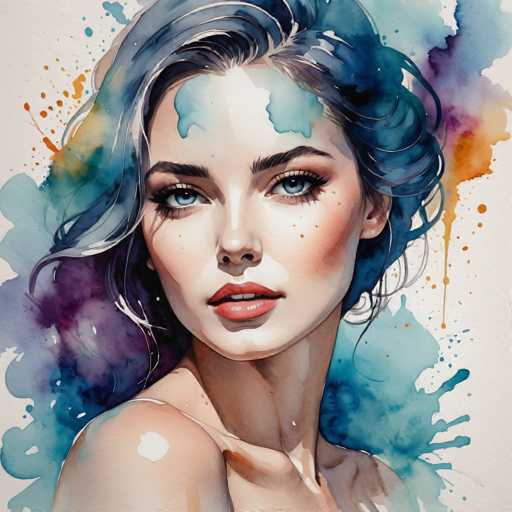 The image depicts an illustration of a woman with blue eyes and brown hair. The artist has used watercolor techniques to create the portrait, resulting in a blend of colors that give it a dreamy quality. The background is a mix of purple and orange splatters, adding depth and texture to the piece.