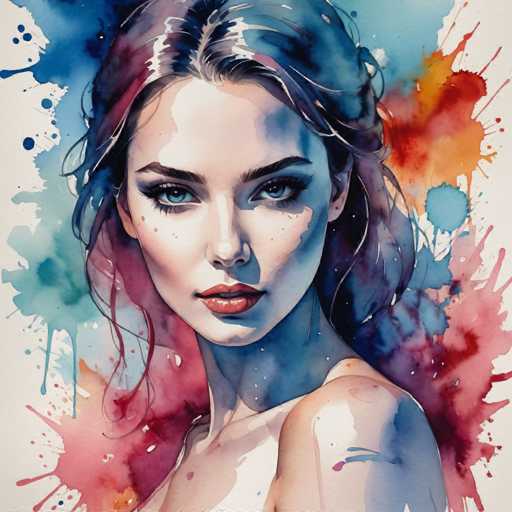 This image is a detailed watercolor painting of a young woman, likely in her early 20s, with a striking and captivating appearance. She has long, dark brown hair that cascades down to her shoulders, with some strands elegantly draped over her right shoulder. Her hair is interspersed with shades of blue, pink, and purple, adding a vibrant and dynamic touch to her overall look. Her complexion is fair, and she has a serious, almost intense expression on her face, with her blue eyes gazing directly at the viewer. Her lips are painted a vivid red, and she has a small nose and full lips. The painting captures her from the top of her head down to her chest, with her left shoulder bare, suggesting she might be wearing a strapless top or dress. The background is a harmonious blend of blue, pink, and purple hues, with splashes of color that create a sense of movement and depth, enhancing the overall dreamlike quality of the artwork. The painting is square in shape, and the woman's head is slightly tilted to the right, adding to the enigmatic allure of the piece.