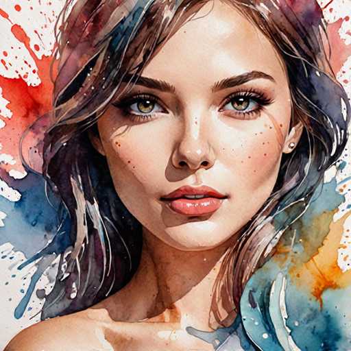 This image is a detailed painting of a young woman, likely in her early 20s, with a fair complexion and striking features. She has long, wavy hair that cascades down to her shoulders, blending shades of brown, blue, and red, with hints of gray. Her hair appears to be wet, adding a sense of depth and realism to the painting. She has captivating greenish-brown eyes, accentuated by long eyelashes and dark eyebrows. Her lips are painted a soft pink, and she has a slight, enigmatic smile on her face. The woman is bare-shouldered, with her left shoulder visible, and she is adorned with small, round earrings. The background is a vibrant mix of colors, including reds, blues, and oranges, with splashes of paint that create a dynamic and lively atmosphere. The overall composition is square, focusing entirely on the woman's face and upper body, with no other elements in the background.
