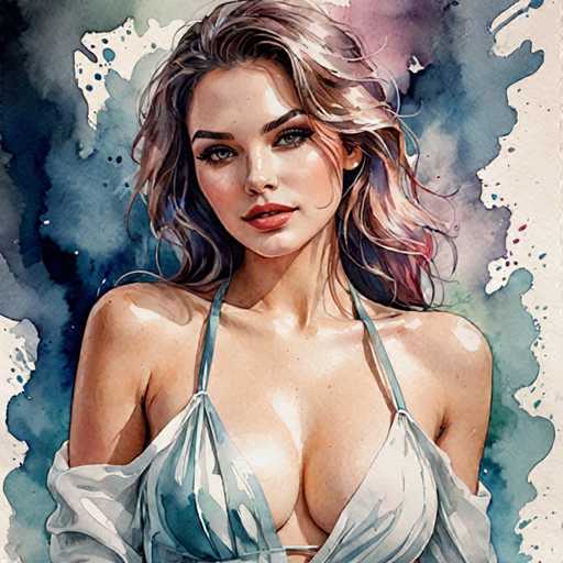 This image is a detailed watercolor painting of a young woman, likely in her early 20s, with long, wavy hair that cascades down to her shoulders. Her hair is a blend of brown and blonde, with hints of pink and purple. She has striking blue eyes and is wearing red lipstick. The woman is dressed in a light blue, strappy top that reveals her shoulders and part of her chest, with a white shirt draped over her arms. The background features a mix of blue, green, and purple hues, with white splotches scattered throughout, adding depth and texture to the composition. The overall effect is a vibrant and captivating portrayal of the woman, set against a dynamic and colorful backdrop.