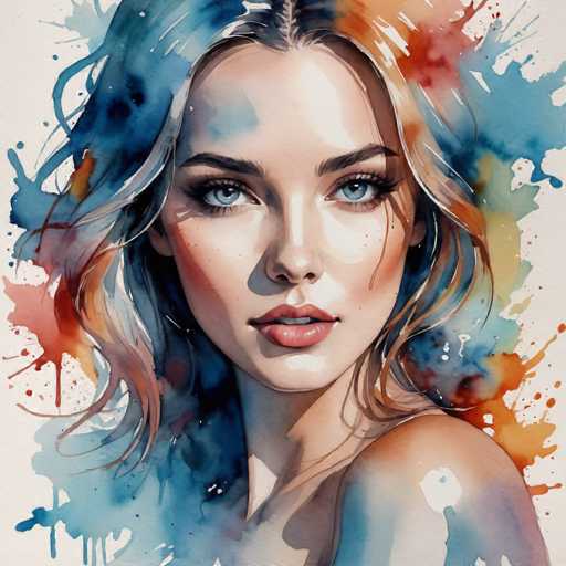 This image is a detailed watercolor painting of a young woman, likely in her early 20s, with a striking and ethereal appearance. She has long, wavy hair that cascades down to her shoulders, a blend of blonde and brown hues interspersed with splashes of blue, orange, and red. Her hair appears to be blowing gently in the wind, adding a dynamic sense of movement to the piece. The woman's face is adorned with blue eyes, long eyelashes, and a touch of red blush on her cheeks, complementing her full, pink lips that are slightly parted to reveal her top teeth. Her complexion is fair, and she has a subtle shadow on the left side of her face, enhancing the depth of the painting. She is looking directly at the viewer, creating a sense of connection. The background is a soft, off-white color, with splashes of blue, orange, and red that mirror the vibrant hues in her hair, adding to the overall dreamlike quality of the artwork. The painting captures her from the top of her head down to her shoulders, with her left shoulder slightly more visible.