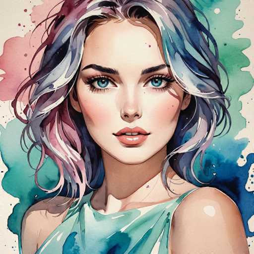 This image is a detailed watercolor painting of a young woman, likely in her late teens or early twenties. She has striking blue eyes and dark eyebrows, with her hair being a vibrant mix of colors including blue, purple, pink, and white. Her hair is wavy and shoulder-length, with some strands appearing almost gray. She is wearing a sleeveless top that is predominantly green with blue and white accents, and the fabric seems to blend with the background colors, creating a harmonious effect. The background itself is a mix of pink, green, and blue hues, with splashes of color that complement her hair and outfit. The woman is looking directly at the viewer, her expression neutral, with her mouth slightly open, revealing her top two teeth. The overall composition is square, and the painting captures a sense of both realism and artistic interpretation, with the woman's face being the focal point of the piece.