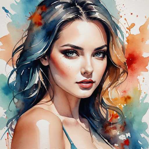 This image is a detailed watercolor painting of a young woman, likely in her early 20s, with a striking and captivating appearance. She has long, wavy hair that cascades down to her shoulders, featuring a blend of dark blue, light blue, and brown hues. Her hair is parted in the middle, with a subtle side part on the right. The woman's face is adorned with light blue eyes, accentuated by black eyeliner and mascara, and she has a small nose and full, red lips. Her cheeks are rosy, adding to her youthful and vibrant look. She is wearing a blue top, visible by the single strap over her right shoulder, and her head is turned to the right, gazing directly at the viewer. The background is a dynamic mix of watercolor splashes in shades of blue, orange, red, and green, creating a lively and artistic backdrop that complements the subject. The overall composition is square, with the woman's image occupying the central focus, making her the undeniable centerpiece of this beautiful and expressive artwork.
