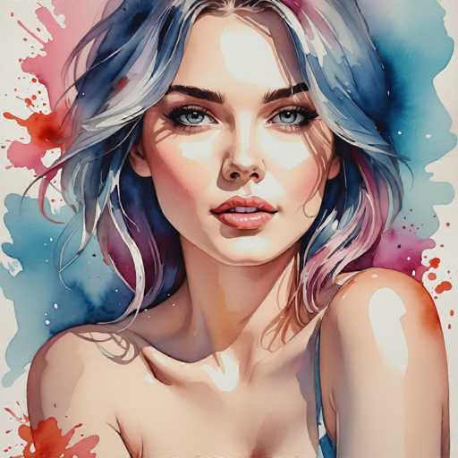 This image is a detailed, computer-generated illustration of a young woman, likely in her early 20s, with a striking and captivating appearance. She has short, wavy hair that is a blend of blue, gray, and purple hues, with some strands appearing almost white. Her hair is styled in a way that it frames her face, which is adorned with thick, dark eyebrows and long eyelashes. Her eyes are a mesmerizing blue, and her full lips are painted a soft pink, slightly parted to reveal her top teeth. She has a fair complexion with a subtle blush on her cheeks, adding to her youthful and fresh look.

The woman is wearing a blue tank top, with the straps visible on her shoulders, and her bare arms are exposed. Her head is slightly tilted to the right, and she gazes directly at the viewer with a neutral expression. The background is a vibrant mix of blue and pink watercolor splotches, with additional red splotches in the bottom left and top right corners, creating a dynamic and artistic backdrop that complements her striking features. The overall composition of the image is square, focusing entirely on the woman and her captivating presence.