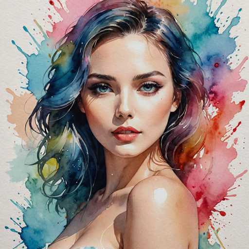This image features a detailed painting of a young woman, likely in her early 20s, with a striking and realistic appearance. She has long, wavy hair that cascades down to her shoulders, predominantly black with subtle highlights of blue, purple, and yellow. Her expressive blue eyes are framed by dark eyebrows and long eyelashes, and her full lips are painted a vivid red. She is gazing directly at the viewer, her head slightly tilted to the left, with a neutral expression on her face. The woman is depicted from the chest up, with her bare shoulder visible, suggesting she might be wearing a strapless top or dress. The background is a vibrant explosion of colors, resembling watercolor splashes in shades of blue, pink, red, yellow, and green, which create a dynamic and almost abstract effect. The entire composition is set against a white background, enhancing the vividness of the colors and the overall impact of the painting.