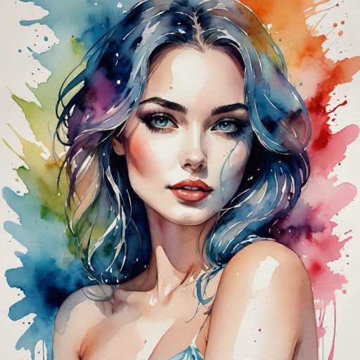 The image depicts a woman with long blue hair and striking blue eyes wearing a white dress against a colorful background of watercolor splatters. The painting style is realistic, capturing the subject's features in detail.