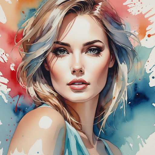 The image depicts a woman with blonde hair wearing a blue dress against an abstract background of red and orange splatters. The painting style is realistic, focusing on the intricate details of the subject's features and clothing.
