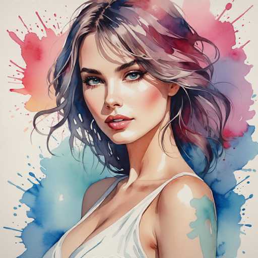 This image is a detailed, vibrant painting of a young woman, likely in her early 20s. She has striking blue eyes and her hair is a blend of grayish-brown with subtle hints of blue and purple. Her hair is styled in a wavy, shoulder-length cut with bangs that partially cover her forehead. She is wearing a white tank top that reveals a significant amount of cleavage. Her makeup is minimal, with just a touch of pink lipstick and a hint of blush on her cheeks. The painting captures her from the top of her head down to her chest, with her head slightly turned to the left, gazing directly at the viewer. The background is a dynamic mix of splashes of blue, pink, and purple, with more blue at the bottom and more pink towards the top, creating a lively and colorful backdrop that contrasts beautifully with her figure.