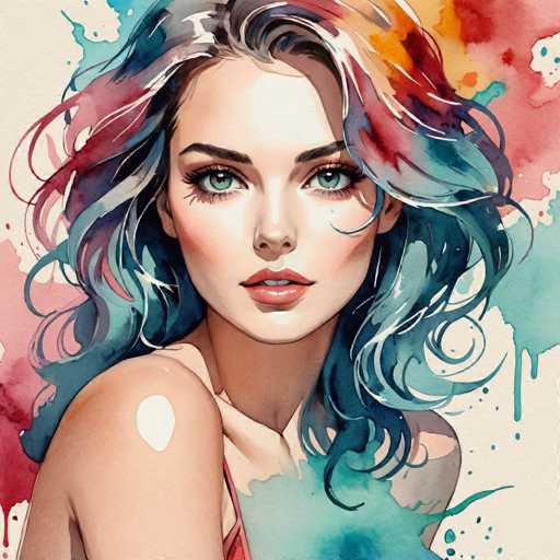 This image is a detailed, square-shaped painting of a young woman, approximately 20 years old, with a fair complexion. She has striking blue eyes and full lips adorned with red lipstick, revealing her top teeth. Her dark eyebrows frame her expressive eyes, and her long, wavy hair is a vibrant mix of blue, red, and white. The woman is dressed in a red top, with the fabric extending down to her right shoulder, where it is cut off by the edge of the painting. The background is a blend of white and blue hues, with splashes of red paint, creating a dynamic and somewhat abstract setting. The overall composition is rich in color and detail, with the woman's face and hair being the focal points, while the background adds depth and contrast.