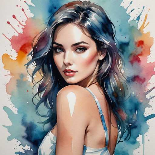 This image is a detailed watercolor painting of a young woman, likely in her early 20s, with long, wavy hair that cascades down to her waist. Her hair is a blend of dark brown and black, with subtle hints of blue and purple. She has striking blue eyes, accentuated by long eyelashes, and her lips are painted a vivid red. Her complexion is fair, and she wears a touch of blush on her cheeks. She is dressed in a white tank top with thin blue straps, and her body is turned to the left, while her head is turned back over her shoulder, gazing directly at the viewer. The background is a vibrant mix of colors, including shades of blue, red, orange, yellow, and green, creating a dynamic and artistic backdrop that contrasts with her serene expression. The overall composition is square, with the woman occupying the central focus of the painting.