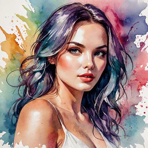 This image is a detailed watercolor painting of a young woman, likely in her early 20s, with a striking and vibrant appearance. She has long, wavy hair that cascades past her shoulders, featuring a blend of purple, blue, and green hues, with some strands appearing almost white. Her complexion is fair, and she has a slight tan. Her eyes are a captivating blue, framed by thick, dark eyebrows, and she has full, red lips that are slightly parted, revealing her top teeth. She is wearing a white tank top with thin straps, and her head is turned to the right, gazing over her shoulder. The background is a dynamic mix of colors, with splashes of red, blue, green, and orange, creating a lively and artistic backdrop that complements the subject. The overall composition is square, with the woman's image occupying the central focus, making her the undeniable centerpiece of this vibrant and expressive painting.