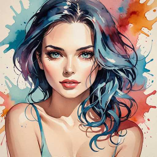 This image is a detailed, computer-generated illustration of a young woman, likely in her late teens or early twenties. She has striking blue eyes and long, wavy hair that cascades past her shoulders, featuring a blend of blue, purple, and black hues. Her complexion is fair, and she has a slight smile that reveals her top two teeth. She is wearing a light blue tank top with thin straps, and the image captures her from the chest up. The background is a vibrant mix of splashes in shades of blue, red, orange, and pink, creating a dynamic and colorful backdrop that contrasts with her serene expression. The overall style of the illustration is reminiscent of a watercolor painting, adding a soft, artistic quality to the portrait.