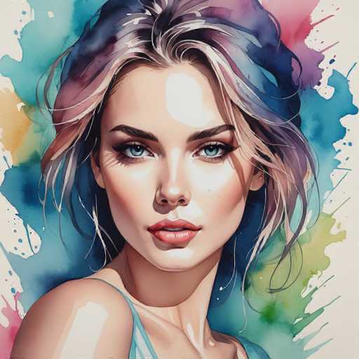 The image depicts a woman with long blonde hair and blue eyes wearing a white dress against a colorful background of watercolor splatters.