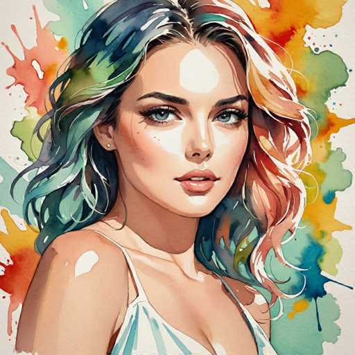 This image is a detailed watercolor painting of a young woman with a striking appearance. She has long, wavy hair that cascades past her shoulders, featuring a vibrant mix of colors including blue, green, yellow, orange, and red. Her hair is parted in the middle, with the left side appearing more blue and green, while the right side has more yellow and red hues. She has blue eyes, dark eyebrows, and is adorned with a small white stud earring in her right ear. Her lips are painted a soft pink, and she is wearing a white tank top with thin straps. The background is a dynamic blend of colors, with splashes of blue, green, yellow, orange, and red, creating a lively and artistic atmosphere. The woman is looking directly at the viewer, her head slightly tilted to the right, with a serene and captivating expression.