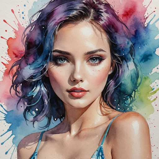 This image is a detailed painting of a young woman, likely in her late teens or early 20s. The subject has a fair complexion with a slight tan, and her face is adorned with subtle makeup. Her lips are painted a soft pink, and she has a touch of blush on her cheeks. Her eyes are a striking blue, framed by dark eyebrows and long eyelashes. She has a small, delicate nose and a slight smile that reveals her top teeth.

Her hair is a captivating blend of colors, predominantly blue with hints of purple and brown. It is styled in a wavy, shoulder-length cut that frames her face beautifully. The painting captures the intricate details of her hair, with some strands appearing almost like delicate lines.

She is wearing a blue bikini top, with the straps visible over her shoulders. The painting focuses on her upper body, cutting off just below her chest. Her left shoulder is more prominently visible, while her right shoulder is slightly turned away.

The background of the painting is a white canvas, adorned with splashes of blue, red, and green paint, adding a dynamic and vibrant contrast to the subject. The overall effect is a striking and detailed portrayal of a young woman, set against a bold and colorful backdrop.