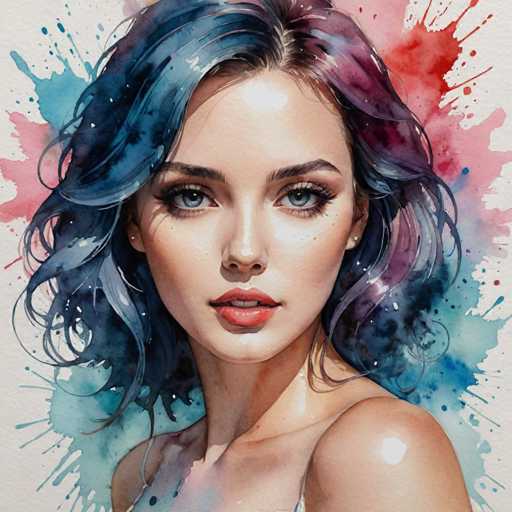 This image is a detailed watercolor painting of a young woman, likely in her early 20s, with a striking and vibrant appearance. She has wavy, shoulder-length hair that is a blend of blue, purple, and black, with some strands appearing almost gray. Her hair is parted in the middle, and she has a light complexion with a slight tan. Her eyes are a captivating blue, and she has full, red lips that are slightly parted, revealing her top teeth. She is adorned with small, white stud earrings in both ears. The woman is wearing a white top, though only the straps and the area around her shoulders are visible. The background is a dynamic mix of pink, blue, and red watercolor splashes, creating a lively and artistic backdrop that complements her vivid features. The overall composition is square, with the woman's face and upper body centrally positioned, gazing directly at the viewer.