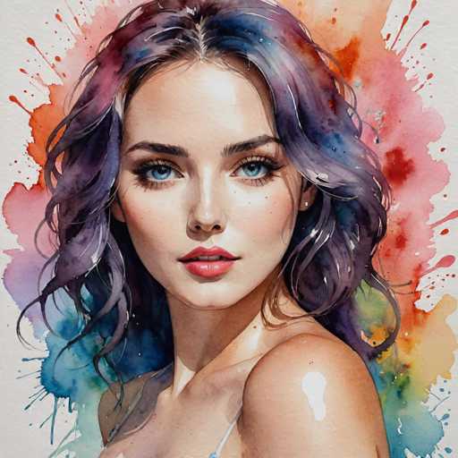 This image is a detailed watercolor painting of a young woman, likely in her early 20s, with a striking and vibrant appearance. She has long, wavy hair that cascades past her shoulders, featuring a mix of colors including purple, blue, pink, and red, with hints of orange and yellow. Her hair is parted in the middle, and she has a light complexion with a slight tan. Her large blue eyes are accentuated by long eyelashes, and she has full, red lips that are slightly parted, revealing her top teeth. She is wearing a thin blue strap over her left shoulder, suggesting she might be in a dress or a top. The background is a dynamic blend of splashes and splotches of various colors, including red, orange, pink, purple, blue, green, yellow, and white, creating a lively and artistic backdrop. The painting captures her from the chest up, with her head turned slightly to the right, giving a sense of movement and depth to the composition.