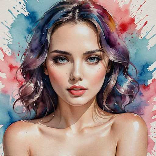 The image depicts a woman with long hair and blue eyes wearing red lipstick. She is looking directly at the camera, creating an engaging portrait. The background features splashes of red and blue paint, adding depth to the scene.