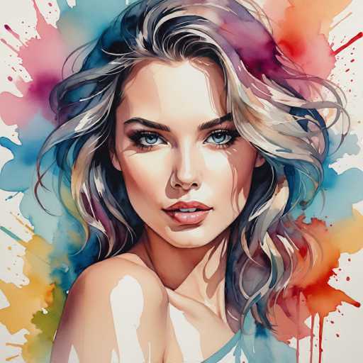 The image depicts a woman with long blonde hair and blue eyes looking directly at the camera. The background is a vibrant mix of colors including red, orange, yellow, green, and purple splatters.