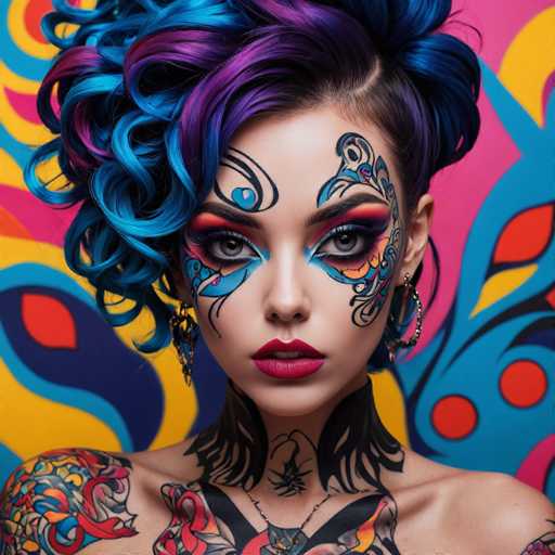 The image shows a young woman with blue hair and tattoos on her neck and shoulders. She is wearing a colorful outfit that includes a patterned top and a dress with a vibrant design. The background features a colorful abstract pattern in shades of pink, yellow, green, and orange.