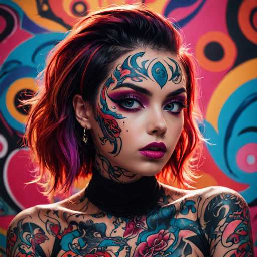 The image shows a young woman with vibrant red hair and tattoos on her face and neck. She is wearing a black choker necklace that contrasts with the colorful background behind her. The woman's makeup features intricate designs in shades of blue and green, adding to the overall artistic style of the image.