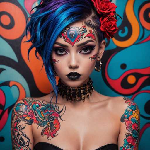 The image shows a young woman with blue hair and tattoos on her arms and chest. She is wearing a black dress that contrasts with the colorful background behind her. The woman's face features a striking makeup design, including red roses and a heart shape.