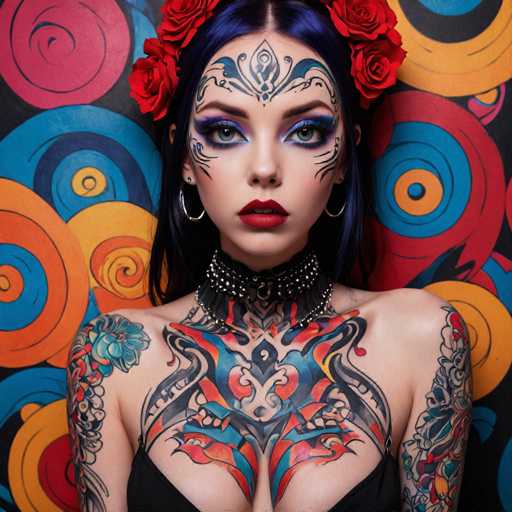 A woman with blue eyes and long dark hair is wearing a black bra and has colorful tattoos on her chest and back. She is standing against a vibrant background of red circles and yellow swirls.
