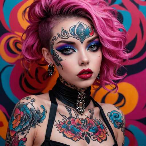 The image shows a young woman with pink hair and tattoos on her chest and shoulders. She is wearing a black dress that contrasts with the colorful background behind her. The woman's face features a striking makeup look, including blue eyeshadow and red lipstick.