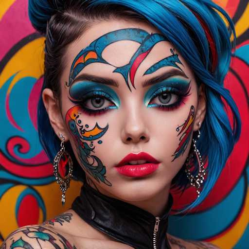 The image shows a close-up portrait of a woman with blue hair and tattoos on her face. She is wearing a black leather choker necklace that contrasts with the colorful background behind her. The woman's makeup features intricate designs in shades of red, blue, green, and yellow, creating a vibrant and artistic look.