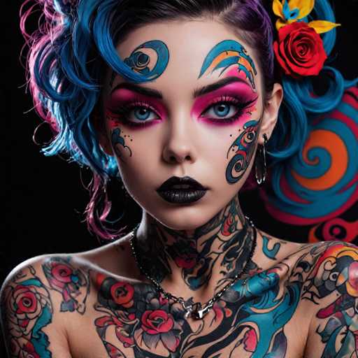 A close-up portrait showcases a person with vibrant, multi-colored hair and extensive, intricate tattoos covering their body. Bold, graphic makeup emphasizes striking blue eyes, while a black choker and floral hairpiece add to the alternative aesthetic. The overall style is highly stylized, blending bold lines and vivid colors with a focus on artistic detail.