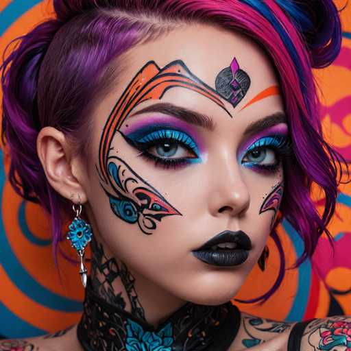 A close-up portrait of a person with vibrant, colorful hair and elaborate face paint. The person has striking blue eyes accentuated by bold purple eyeshadow and dramatic eyeliner, with a complex tribal-style face paint design extending from their forehead down to their cheekbones. Their hair is a mix of purple and pink, styled in a voluminous updo with some strands framing the face. They are wearing a black choker adorned with blue floral details and dangling earrings that match their face paint design. The background is a vibrant, swirling pattern of orange and blue circles, creating a dynamic and artistic backdrop. The overall style is bold, edgy, and highly stylized, suggesting a focus on body art and alternative fashion.