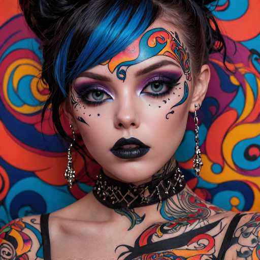 A close-up portrait showcases a person with vibrant, intricately tattooed skin and striking makeup. Bold, colorful patterns adorn the face and neck, complemented by dramatic eye makeup and a black lip. The background features a swirling, psychedelic design in contrasting colors, creating a visually intense and artistic composition.