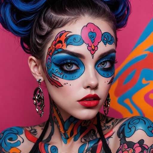 A close-up portrait showcases a person with vibrant, elaborate face and body art. Bold, tattoo-inspired designs in blue, orange, and pink adorn the face, neck, and arms, creating a striking, artistic effect. The subject's blue hair is styled in an intricate updo, complementing the overall maximalist aesthetic.