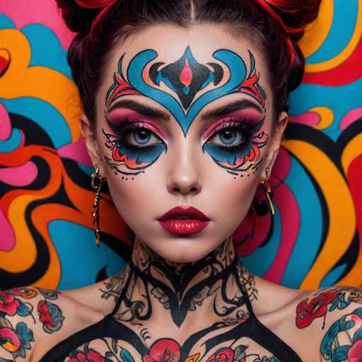 A person with vibrant, intricate face and body art dominates the frame, showcasing a bold, maximalist aesthetic. The eye makeup is particularly striking, featuring elaborate patterns and dramatic color contrasts. Tattoos adorn the neck and arms, complementing the artistic face paint. The overall style is a blend of fantasy and body art, emphasizing bold lines and vivid hues.