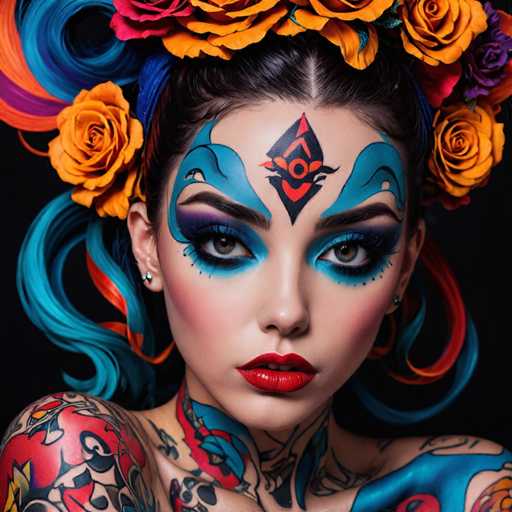 A striking close-up features a person with vibrant, colorful hair styled in elaborate braids and adorned with floral accents. Bold, intricate face paint in shades of blue and orange frames their intense gaze, complemented by dramatic red lipstick. Extensive tattoos cover their arms and neck, creating a visually captivating portrait with a fantastical, artistic style.
