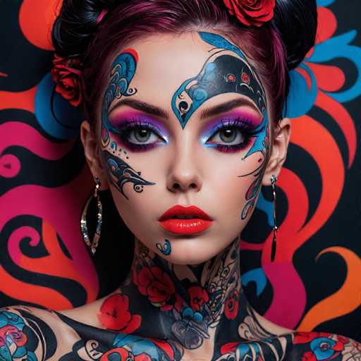 A close-up portrait of a person with elaborate face and body tattoos, adorned with vibrant makeup. The individual has striking purple hair styled in a bun with red roses, and their face is covered in intricate tattoo designs that blend seamlessly with the makeup. The tattoos feature a mix of geometric and organic patterns in shades of blue, black, red, and purple. The makeup enhances the tattoos with bold eyeliner, vibrant eyeshadow, and glossy red lips. Large, ornate earrings dangle from their ears, complementing the overall artistic aesthetic. The background is a dynamic swirl of contrasting colors – black, orange, and blue – creating a visually captivating composition. The lighting is soft yet focused, highlighting the intricate details of the tattoos and makeup.