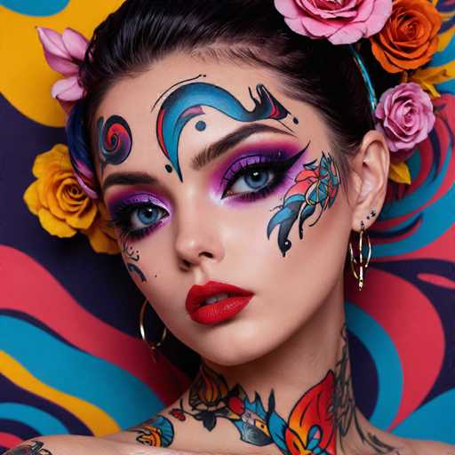 A close-up portrait of a woman with intricate face and neck makeup, styled in a vibrant, artistic fashion. The focus is on her face, showcasing bold eye makeup with dramatic blue and purple hues, a defined red lip, and detailed tribal-inspired designs extending onto her cheeks and neck. She wears large gold hoop earrings and a floral headpiece with pink, yellow, and blue flowers. The background is a colorful abstract pattern of swirling blues, reds, and yellows, creating a dynamic contrast with the woman's face. The lighting is soft yet highlights her features and makeup, emphasizing the intricate details of the artistic design.