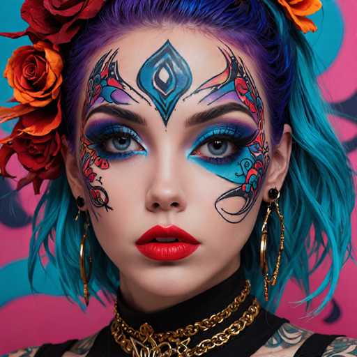 A close-up portrait features a person with vibrant blue hair adorned with orange and red flowers. Their face is heavily decorated with intricate, colorful tribal-inspired makeup, including bold eye makeup and stylized facial markings. Gold jewelry and a black choker complete the look, set against a patterned pink background. The overall style is bold, artistic, and highly stylized.