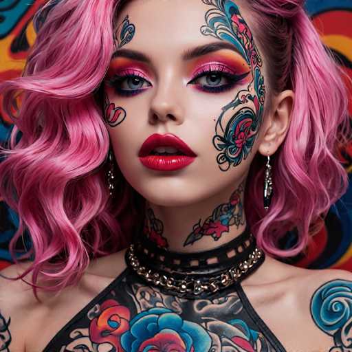 A close-up portrait features a person with vibrant pink, curly hair and elaborate, colorful tattoos covering their face, neck, and upper body. Bold makeup enhances striking blue eyes, creating a bold, alternative aesthetic with a mix of traditional and fantastical tattoo styles. The overall style is maximalist and artistic, emphasizing intricate detail and vibrant color.