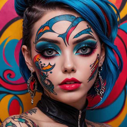 A close-up portrait features a person with vibrant blue hair and elaborate, colorful face paint resembling tribal or tattoo art. The painted design intricately adorns the eyes, cheeks, and forehead, blending with bold red lips. Large, ornate earrings complement the artistic makeup, set against a colorful, swirling background. The overall style is bold and maximalist, emphasizing intricate detail and vibrant color.