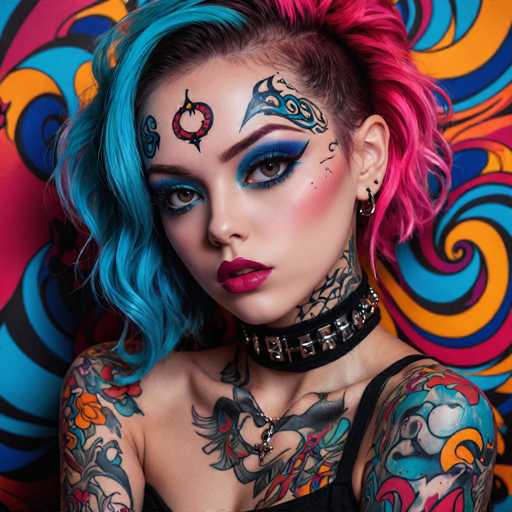A person with vibrant, multi-colored hair (blue and pink) and extensive tattoos is centrally positioned against a swirling, psychedelic backdrop. Bold, graphic makeup enhances their striking features, and they wear a spiked choker. The overall style is bold, alternative, and visually dynamic, emphasizing a strong artistic aesthetic.
