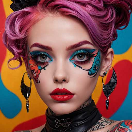 A close-up portrait features a person with vibrant pink hair, bold blue and teal eye makeup, and striking black feather earrings. The focus is on the face, with a dramatic, stylized aesthetic emphasizing intricate tribal-inspired makeup and a black leather choker. The background is a colorful, abstract swirl of yellow, red, and blue, creating a bold, artistic backdrop.