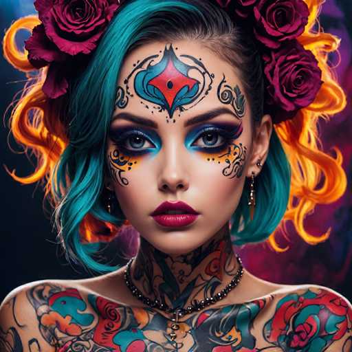 A close-up portrait showcases a person with vibrant, intricately tattooed skin and striking teal hair adorned with pink roses. Bold, colorful makeup emphasizes large, expressive eyes. The art style is highly detailed and fantastical, blending body art with a painterly aesthetic against a dark backdrop.