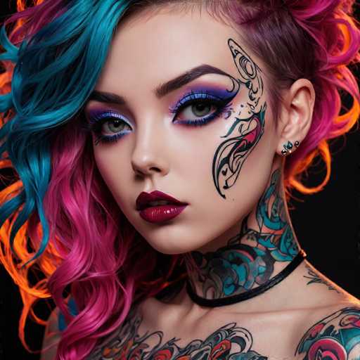 A striking portrait features a person with vibrant, multi-colored hair (blue, pink, orange) and elaborate makeup. Intricate tattoos adorn their neck and upper body, creating a bold, alternative aesthetic. The focus is on the face, with a close-up view emphasizing the detailed eye makeup and expressive gaze. The overall style is highly artistic, showcasing a blend of fashion and body art.
