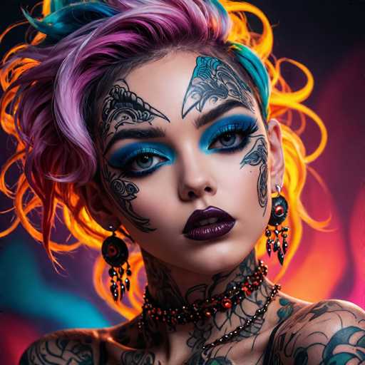 A striking portrait features a person with vibrant, multi-colored hair and extensive, intricate tattoos covering their face and body. Bold, dramatic makeup emphasizes piercing blue eyes, while ornate black and red jewelry adorns their neck. The overall style is highly stylized, leaning towards a cyberpunk or alternative aesthetic with a focus on bold color and detailed body art.
