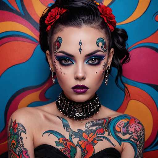 A woman with vibrant, elaborate face and body tattoos is the focal point of a striking portrait. Her skin is adorned with intricate, colorful designs that blend traditional and fantastical elements, creating a bold and artistic aesthetic. Her eyes are heavily emphasized with dramatic makeup, featuring deep blue eyeshadow, dark eyeliner, and bold black markings that enhance her features. 

Her hair is styled in a voluminous updo, adorned with vibrant red flowers that complement the colorful tattoos. She wears a black choker necklace and delicate earrings, adding to her overall striking appearance. The background is a vibrant explosion of color, with swirling patterns in shades of blue, orange, and pink that create a dynamic backdrop for the portrait. The overall impression is one of bold self-expression and artistic flair, with a focus on the woman's unique and captivating appearance.