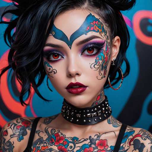 A close-up portrait features a person with vibrant, intricately tattooed skin and striking makeup. Bold, colorful designs adorn the face and neck, set against a dynamic, abstract blue background with orange accents. The art style is highly stylized and fantastical, emphasizing bold lines and vivid color palettes.